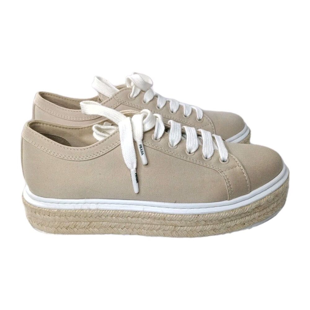 Prada Espadrilles Platform Shoes Beige Canvas Sneakers Women's Size 39